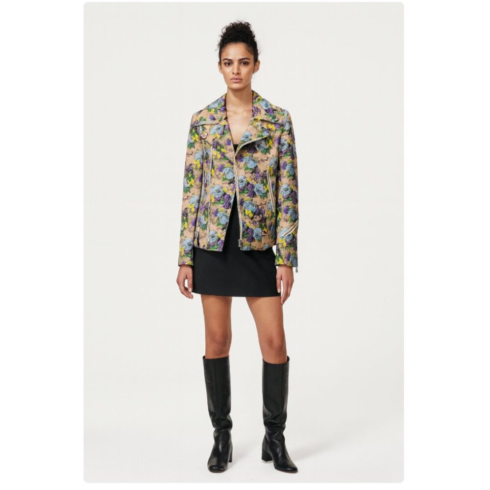 MSGM‎ 100% Cotton Tan Purple Yellow Floral Moto Biker Jacket